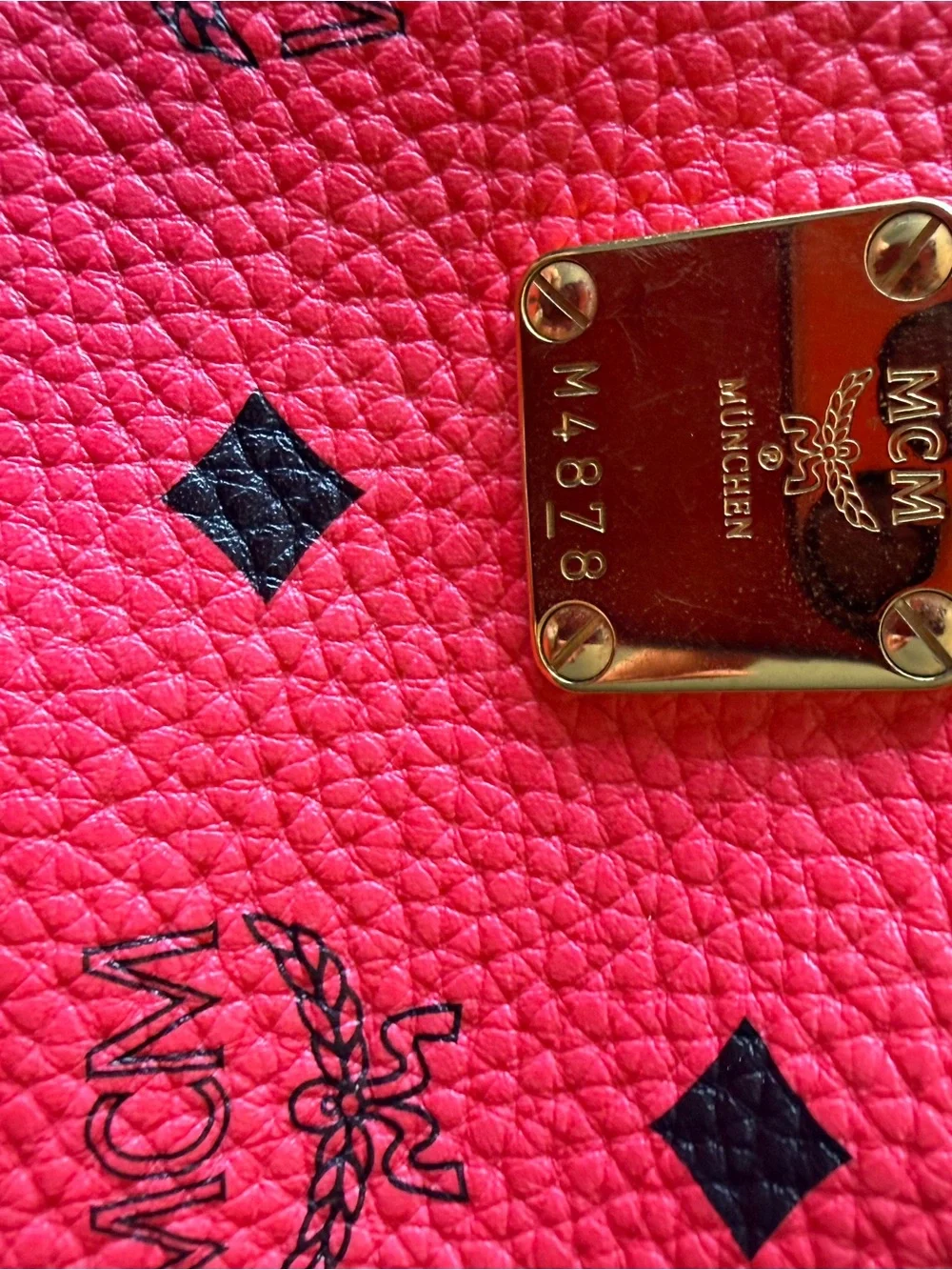 MCM Pink Logo-Print Leather Backpack with Gold Hardware